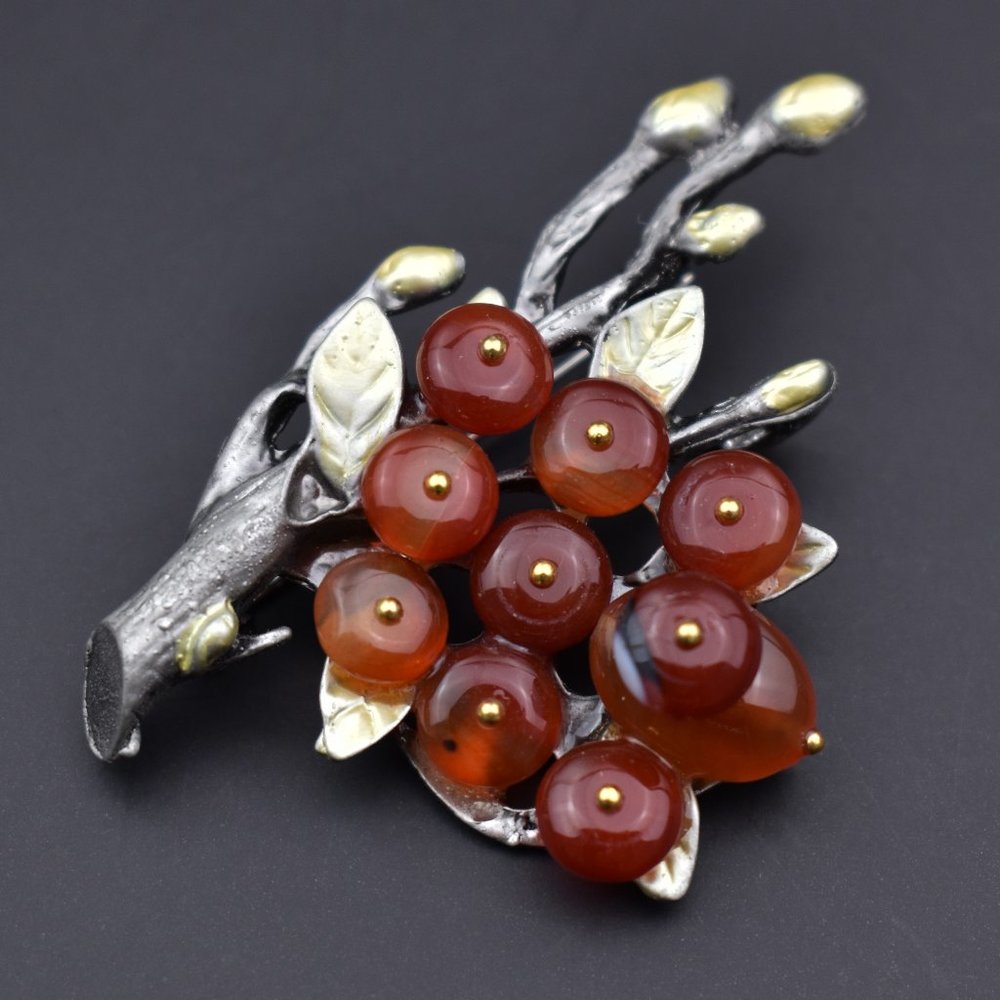 Carnelian berries brooch silver tone, stone leaf branch pin pendant